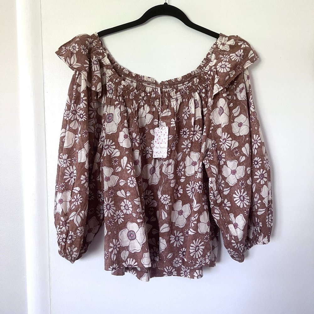 NWT Free People Miss Daisy Printed Top Vintage Combo Floral Blouse Ruffle Sleeve